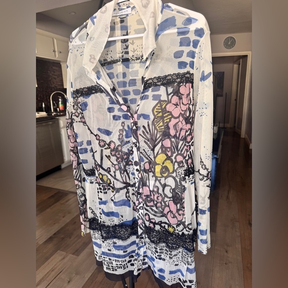 Parakian Floral Print Button-Up Sheer Dress-Blouse with Lace Detailing - Picture 9 of 9